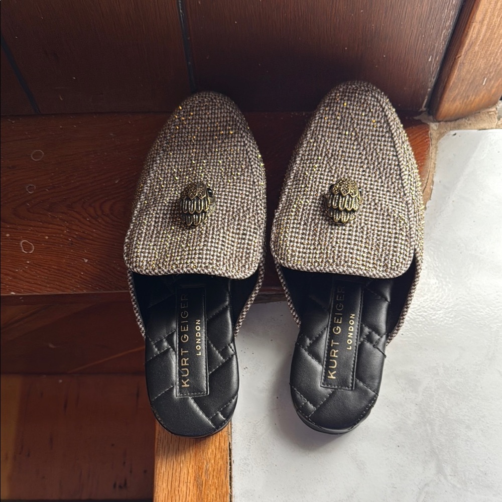 Kurt Geiger Black and Gold Mules with Chic Design